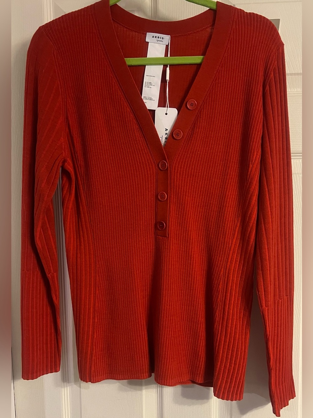 Akris Punto Ribbed V-Neck Button Pullover Sweater Vermilion